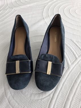 Le Saunda Navy Suede Loafers with Gold Accent
